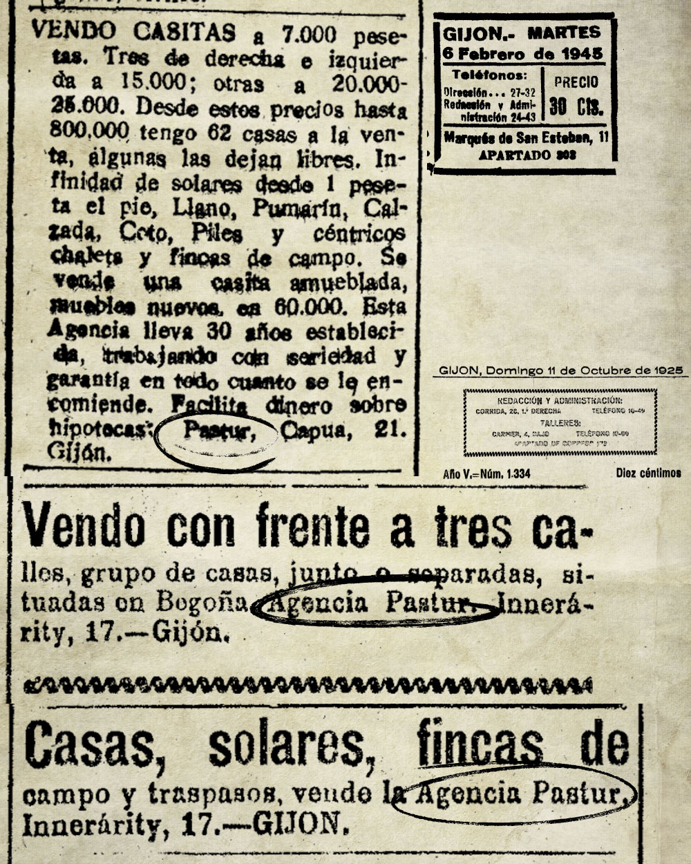 Anuncio histórico de Agencia Pastur, Gijón, 1945